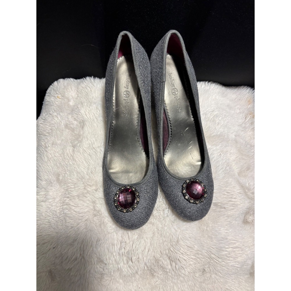 Lindsay Phillips Grey Wool Jeweled Toe Pumps Mid Heel Purple Accents Sz 9.5